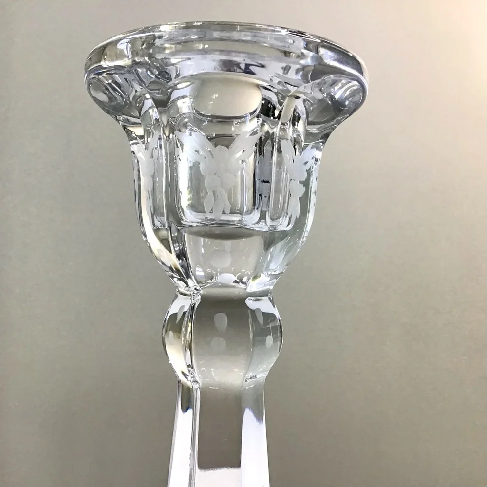 Vintage HEISEY Crystal Glass Candle Holder Elegant Etched Flowers & Leaves 7.75”